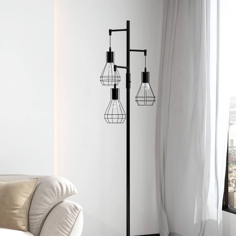Industrial 3-Light Metal Tree Floor Lamp With Round Shades