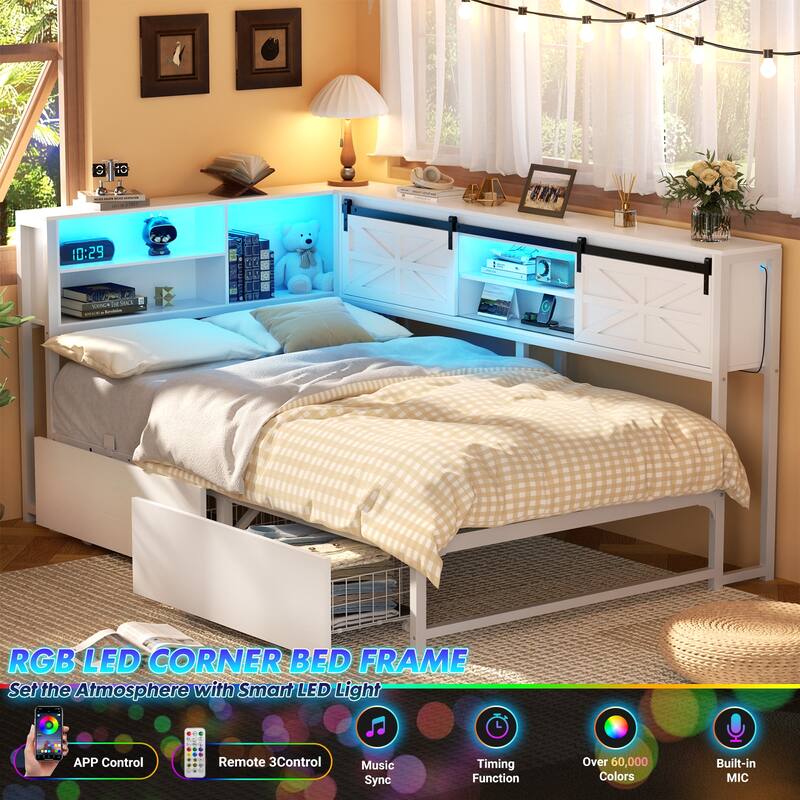 Corner Daybed with Drawers and Bookcase, Twin Bed Frame with LED Light and Charging Station