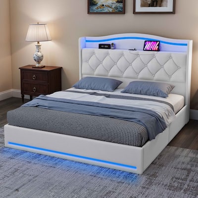 Moasis Queen Size Velvet Upholstered Bed Frame with 4 Storage Drawers & RGB Lights