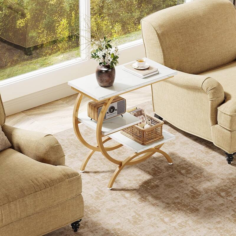 23.62 Inches Brown Wood C-Shaped End Table, 3-Tier Industrial Couch Side Table for Living Room