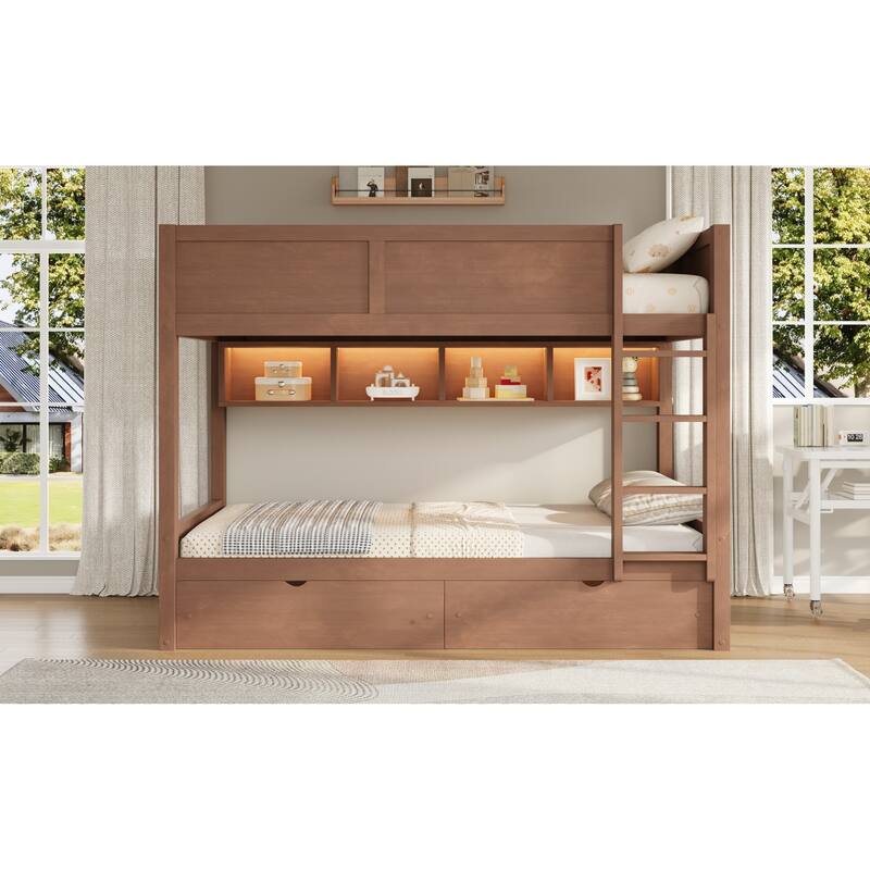 Roomfitters Full XL Over Full XL Bunk Bed with Storage Cabinets, LED Light and Drawers