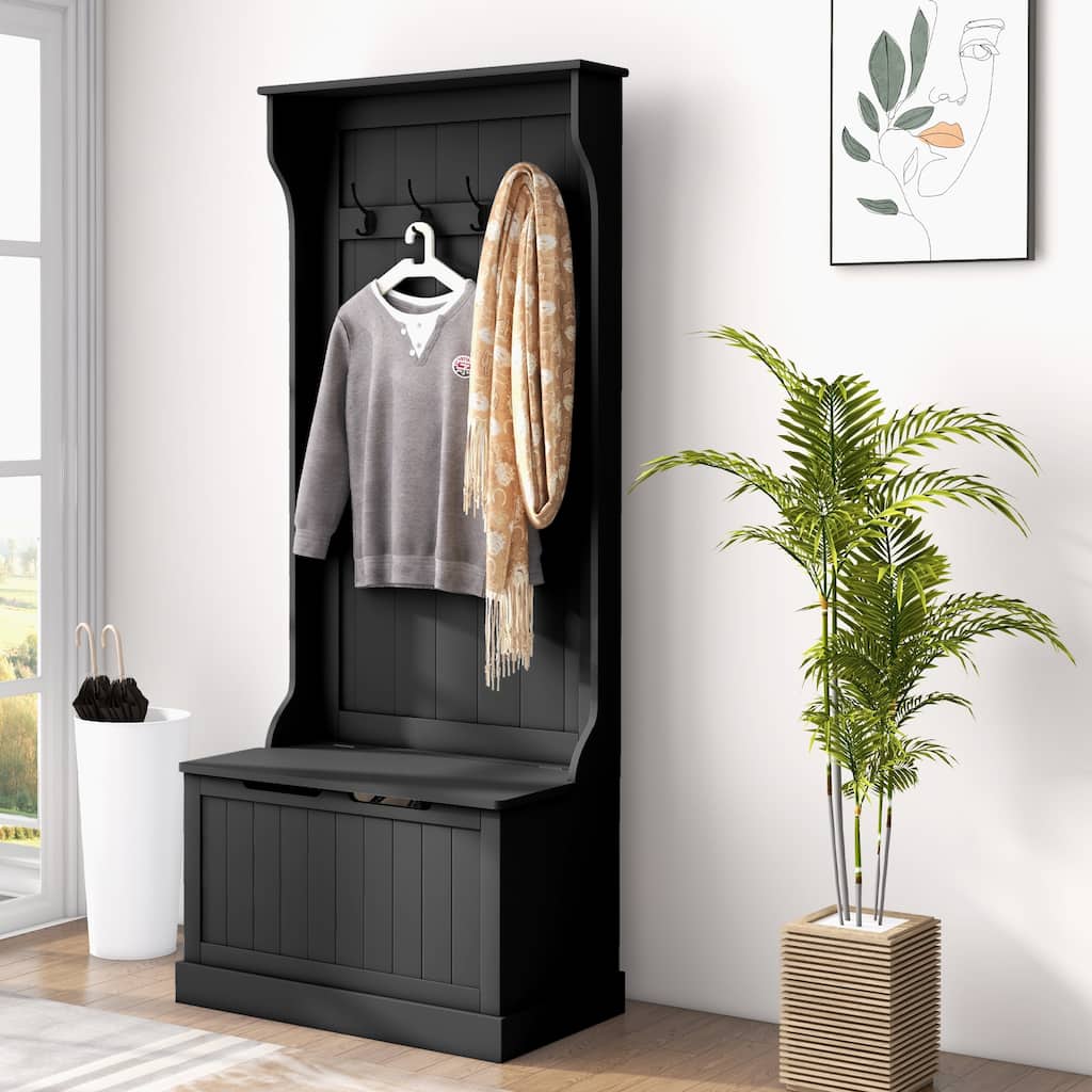 Multifunctional Hall Tree with Storage Bench, Coat Hooks & Shoe Storage MDF Wood Steel Hardware - 28.25" W x 15.5" D x 67" H