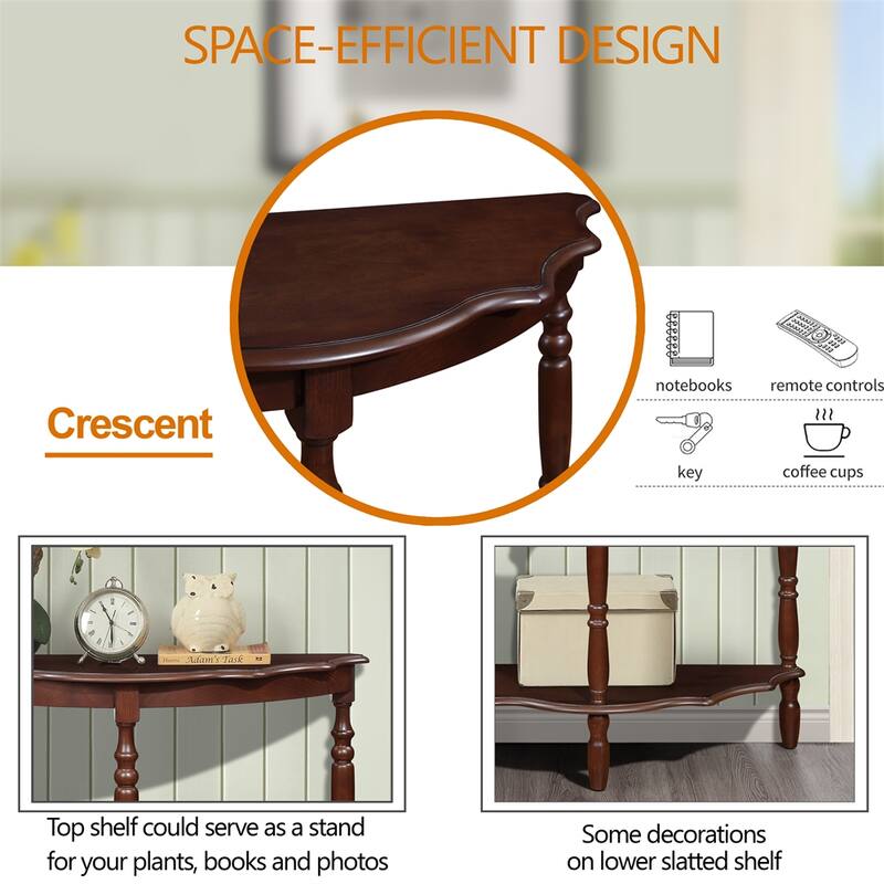 42" Wood Circular Curved Console Table with Open Shelf and Legs