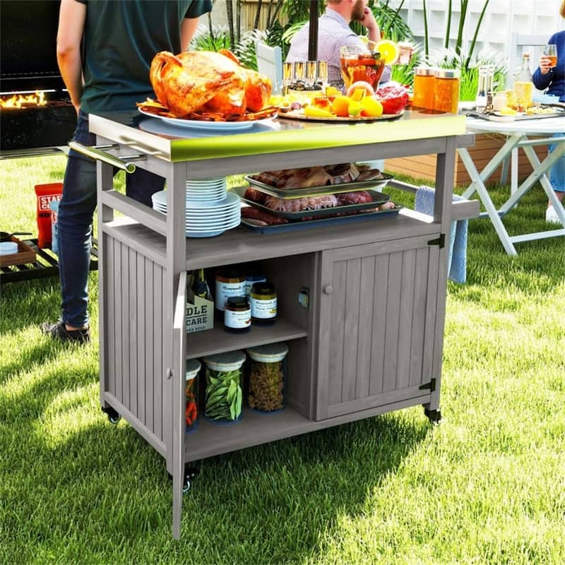 Stainless Steel and Wood Grill Cart with Cabinets, Spice Rack, Towel Holder, and Swivel Casters Multi-Purpose Serving Table Gray
