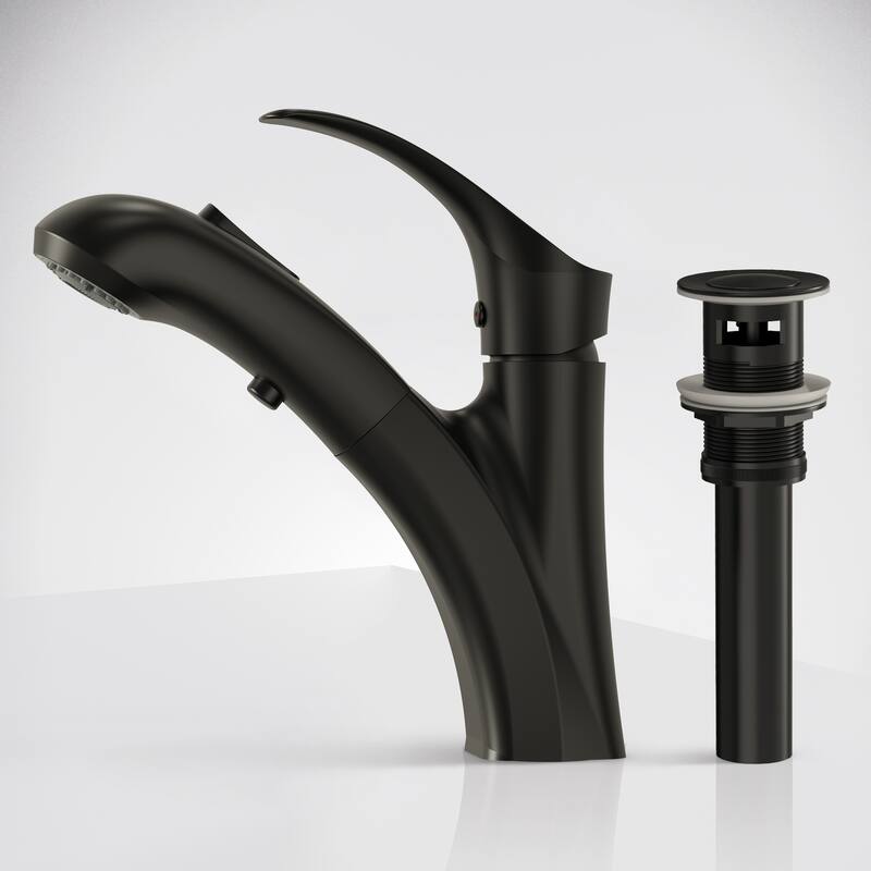 Single Handle Single Hole Pull-Out Basin Bathroom Faucet with Pop‑Up Drain - Matte Black