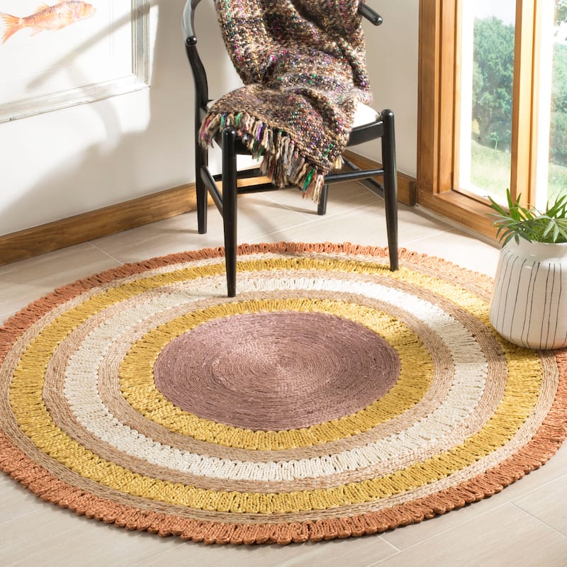 SAFAVIEH Handmade Natural Fiber Oriona Jute Rug - 7' Round - Orange/Multi