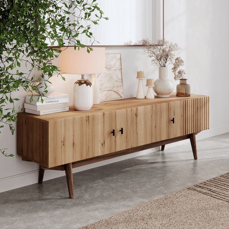 Living Skog Chelsea Brown TV Stand Fits for TV's up to 65 in. with Slatted Design and Wood Legs - light brown