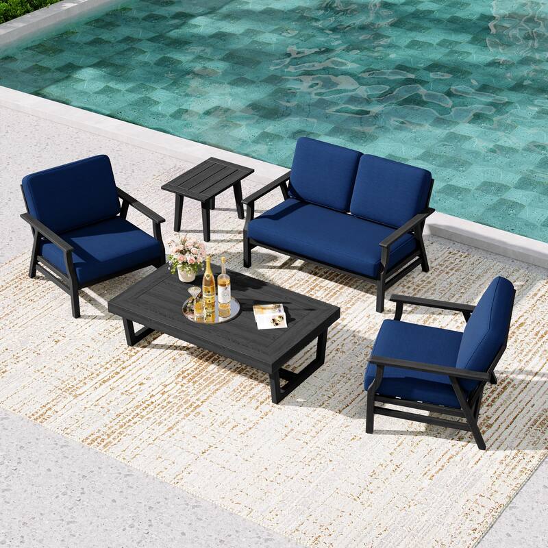 5-Piece Teak Outdoor Conversation Set with Tables. - 4-seat - Navy/Black Wood