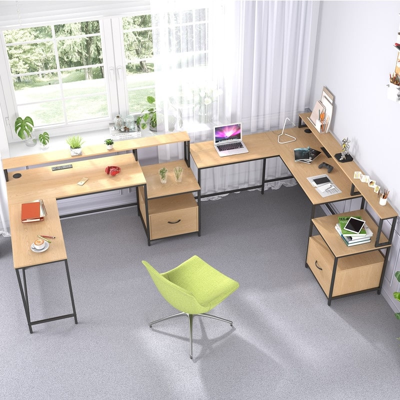 Mixoy L Shaped Computer Gaming Desk with File Cabinet&Power Outlet,Home Office Desk with Storage Shelf,Drawer,Monitor Stand