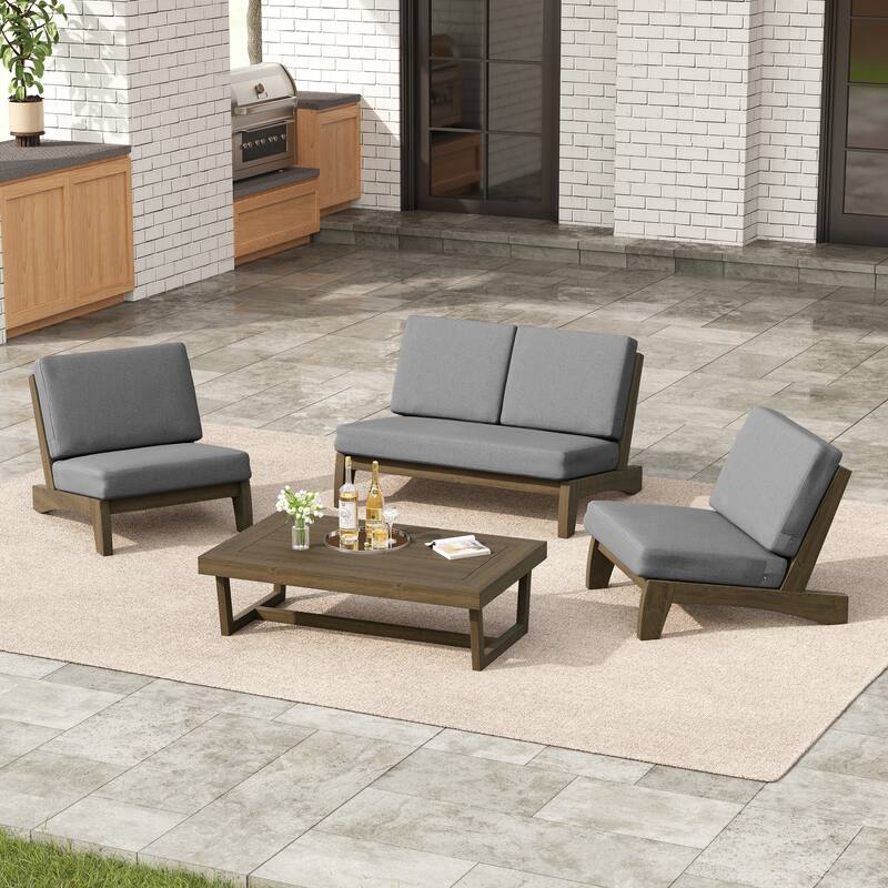 4 Set Outdoor Patio Teak Wood Club Chairs Loveseat with Cushion