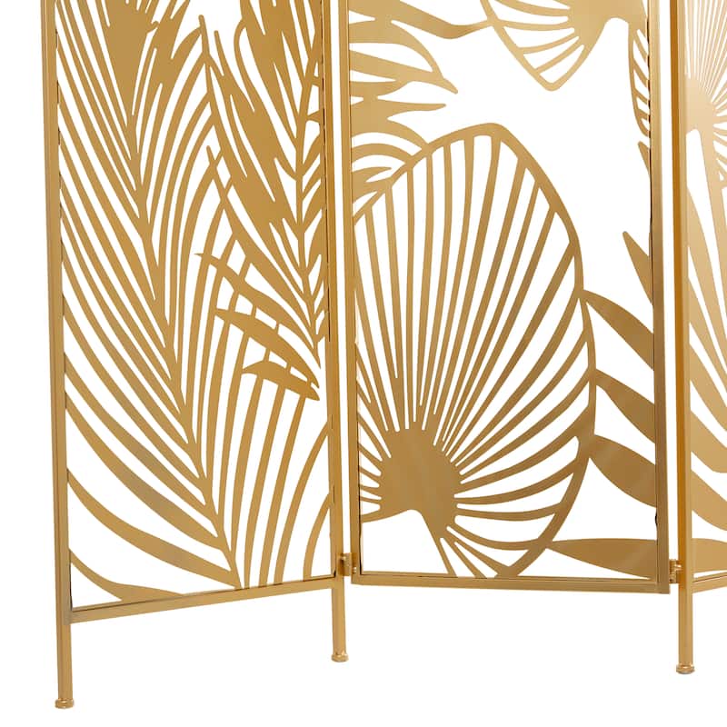 Metal Foldable Partition Cutout Palm Leaf 3 Panel Room Divider Screen - Gold - Roche River Decor - 1"Wx48"Lx71"H