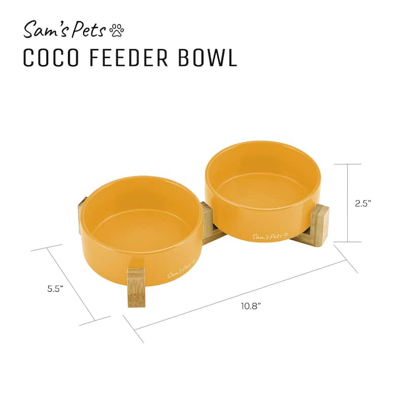 Coco Dual Pet Bowl with Wood Stand 5.11'' in Yellow - 10.8