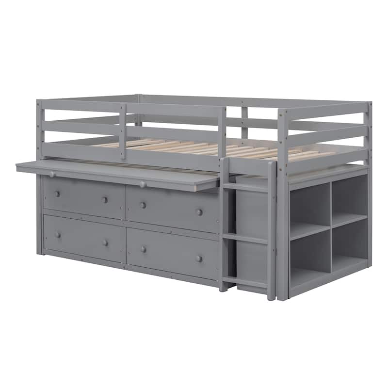 Space-Saving Twin Loft Bed with Retractable Desk, Drawers, and Shelves