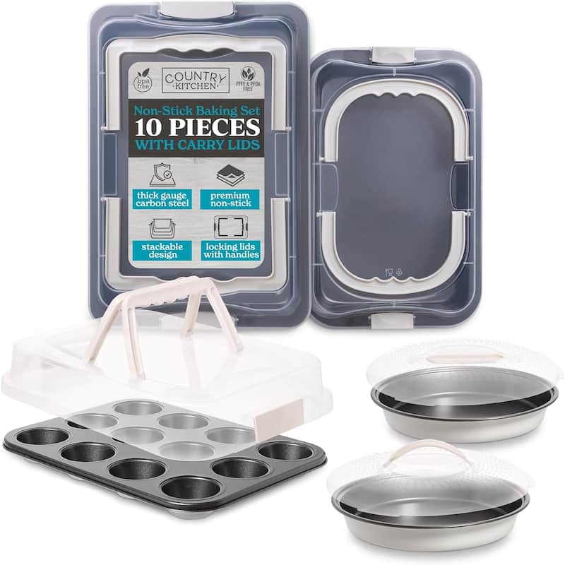 Country Kitchen Baking Pans Set 10 Piece Non-Stick Cake Pans with Carry Lids for Storage & Travel, Perfect for Parties Stackable - Cream