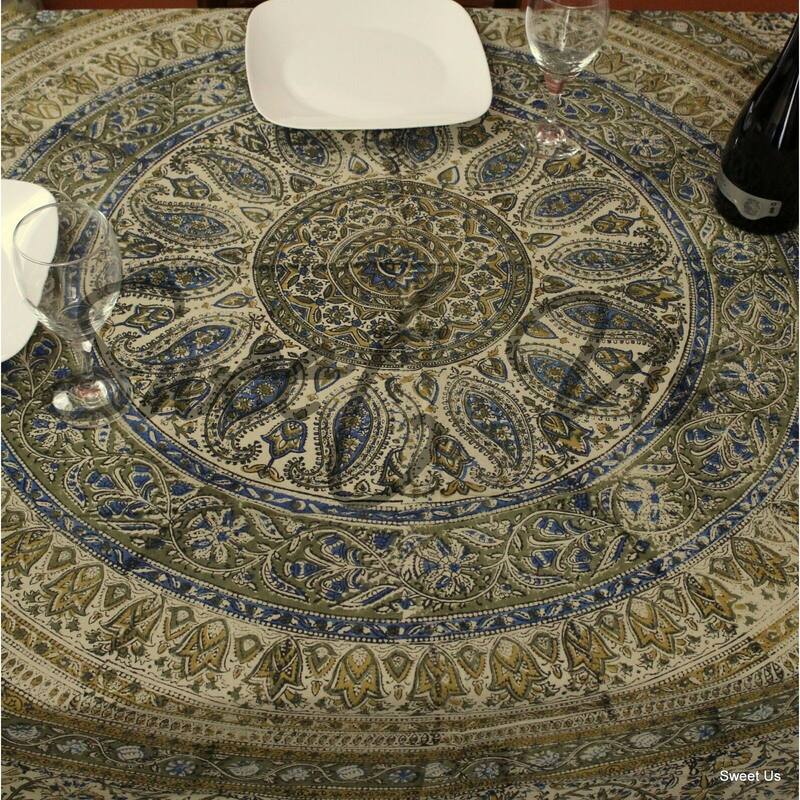 Block Print Kalamkari Paisley Floral Tablecloth Rectangle Blue Green Red Beige - 70 x 104 inches