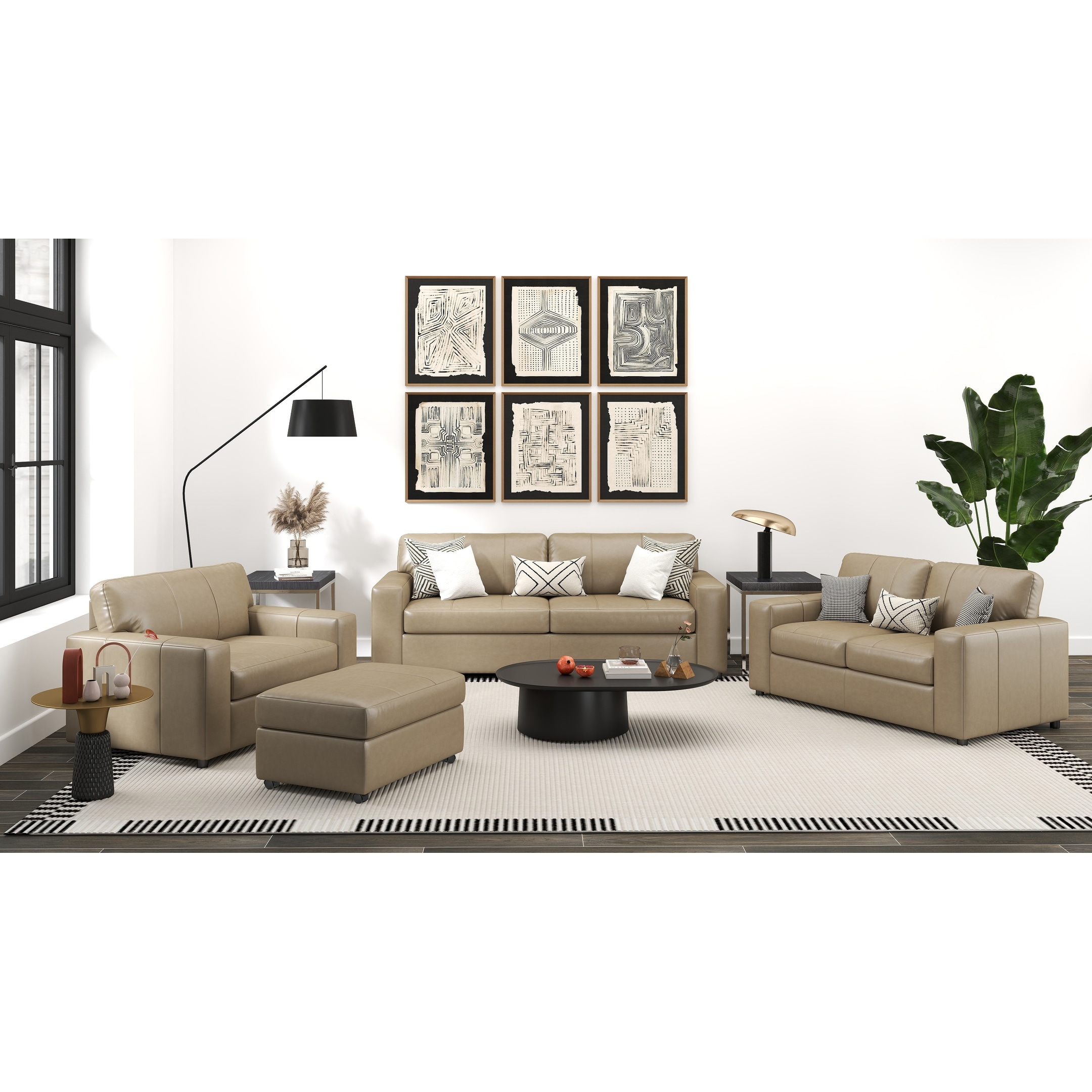 Roundhill Furniture Sakan Leather Upholstered 4-Piece Living Room Set, Sofa Loveseat Cutler Chair and Ottoman