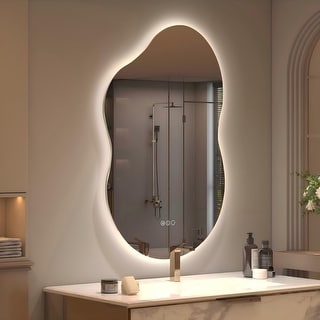 Apmir Frameless Asymmetrical Mirror Back Lighted Bathroom Vanity Mirror Anti-Fog, 3 Colors Touch Irregular Mirror