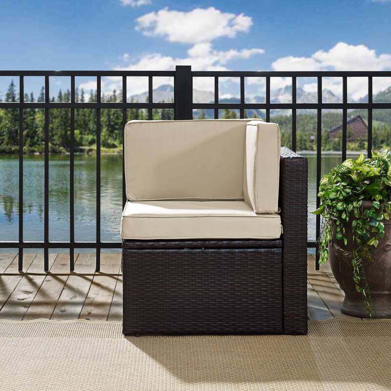 Palm Harbor Outdoor Wicker Corner Chair in Brown with Sand Cushions - 26.5 W x 26.5 D x 30.5 H