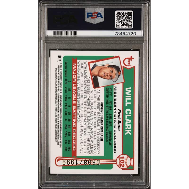 Will Clark 2005 Panini Pristine Signed Card #102 Auto Graded PSA 10 78494720 - 8'6" x 11'6"