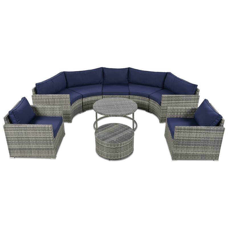 9 Piece Half-Moon Outdoor Sofa Set, All-Weather Rattan Conversation Furniture Set, Round Sofa Set with Coffee Table