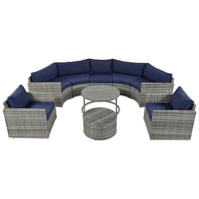 9 Pieces Outdoor Half Moon Patio Sectional Set, All Weather Garden Conversation Wicker Sofa Set with 2 Coffee Tables