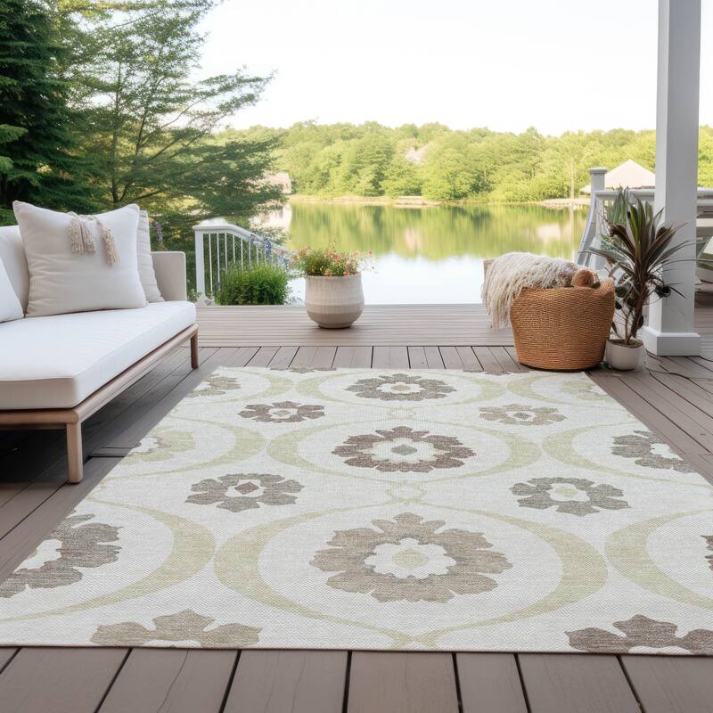 Machine Washable Indoor/ Outdoor Chantille Floral Geo Rug - Ivory - 9' x 12'