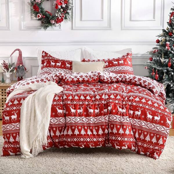 slide 2 of 7, 3 Piece Boho Christmas Holiday Bedding Duvet Cover Set Queen