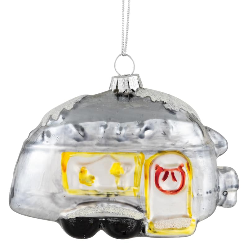 Teardrop Camper Glass Christmas Ornament - 4.25" - Silver