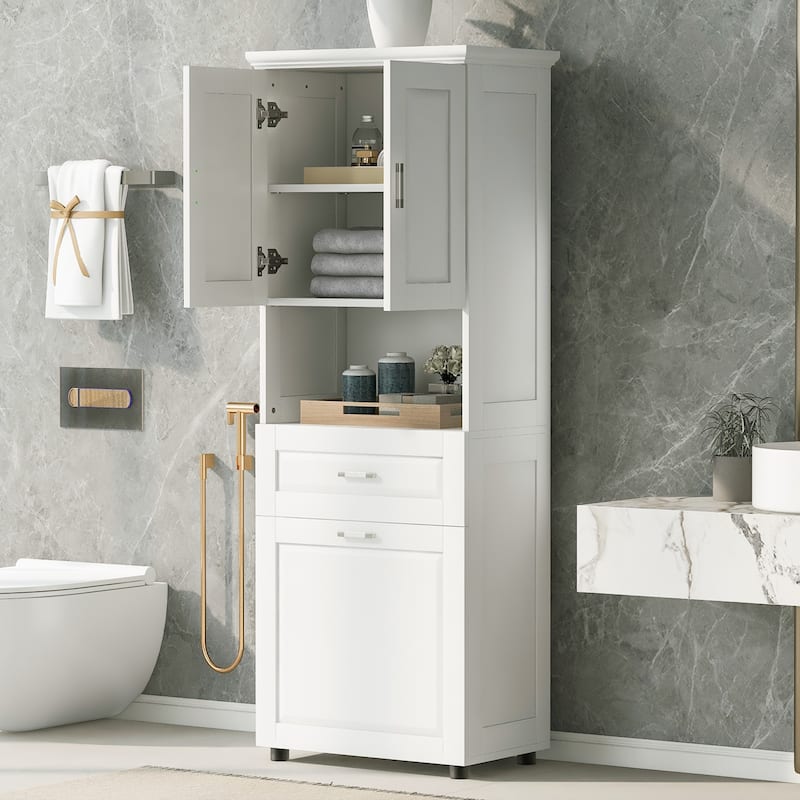 Freestanding Tall Bathroom Double Door Storage Cabinet with Removable Laundry Basket, Open Shelf, Drawer and Adjustable Shelf