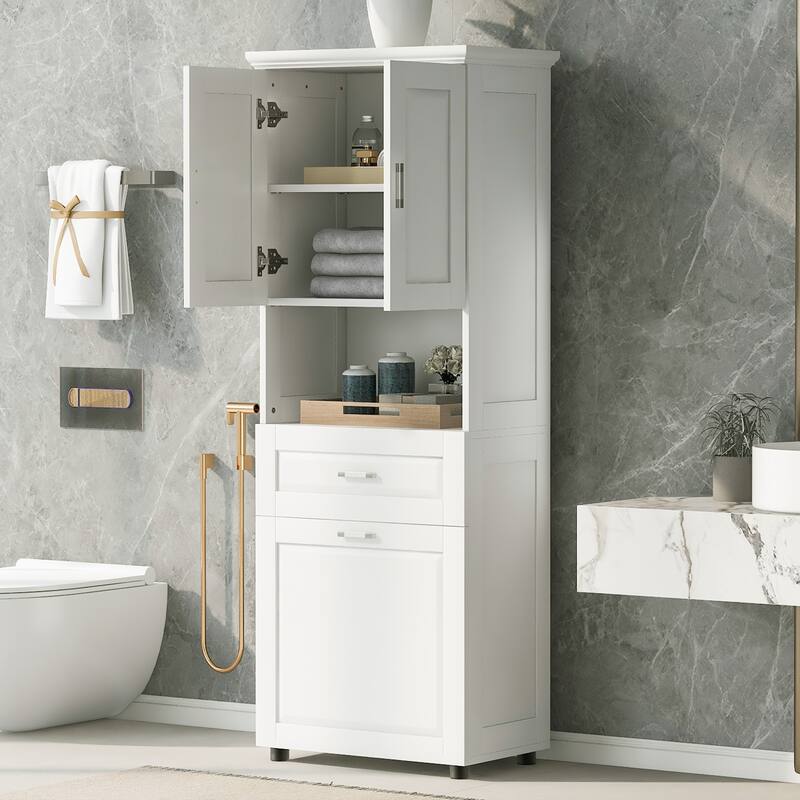 GDFStudio - Harper Elms Tall Bathroom Storage Cabinet with Tilt-Out Laundry Hamper and Upper Organizer