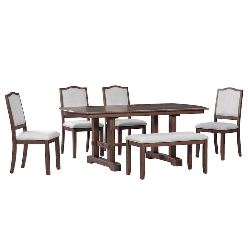 6-Piece Dining Table Set, 60inch To 78inch Extendable Wood Dining Table With Removable Leaf,4 Upholstered Side Chair And Bench