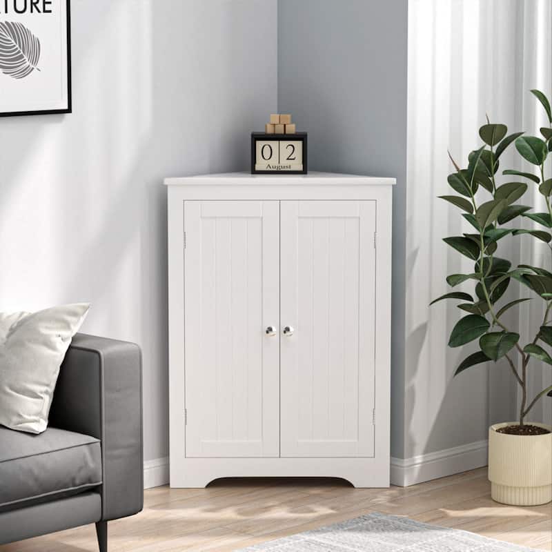 Anmytek White Corner Storage Cabinet for Bathroom and Kitchen Double Door Space Saving Organizer