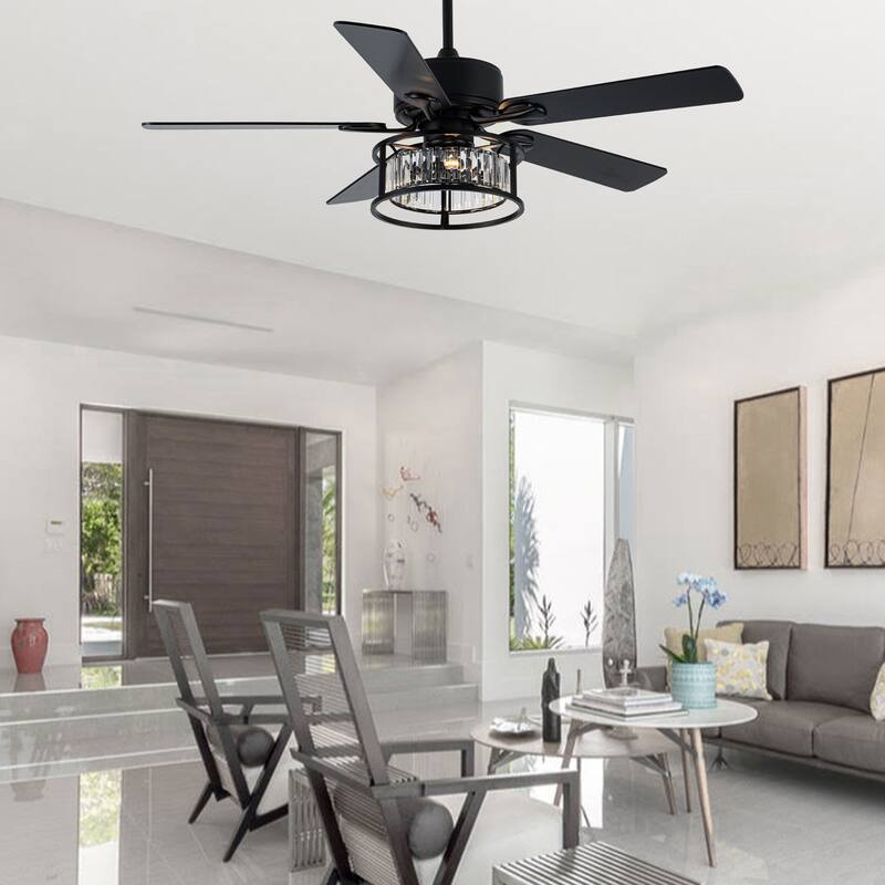 Chichoice 52" Modern Mute Black Crystal Ceiling Fan with Lights and Remote, 6 Speeds DC Motor Reversible Chandelier Ceiling Fan