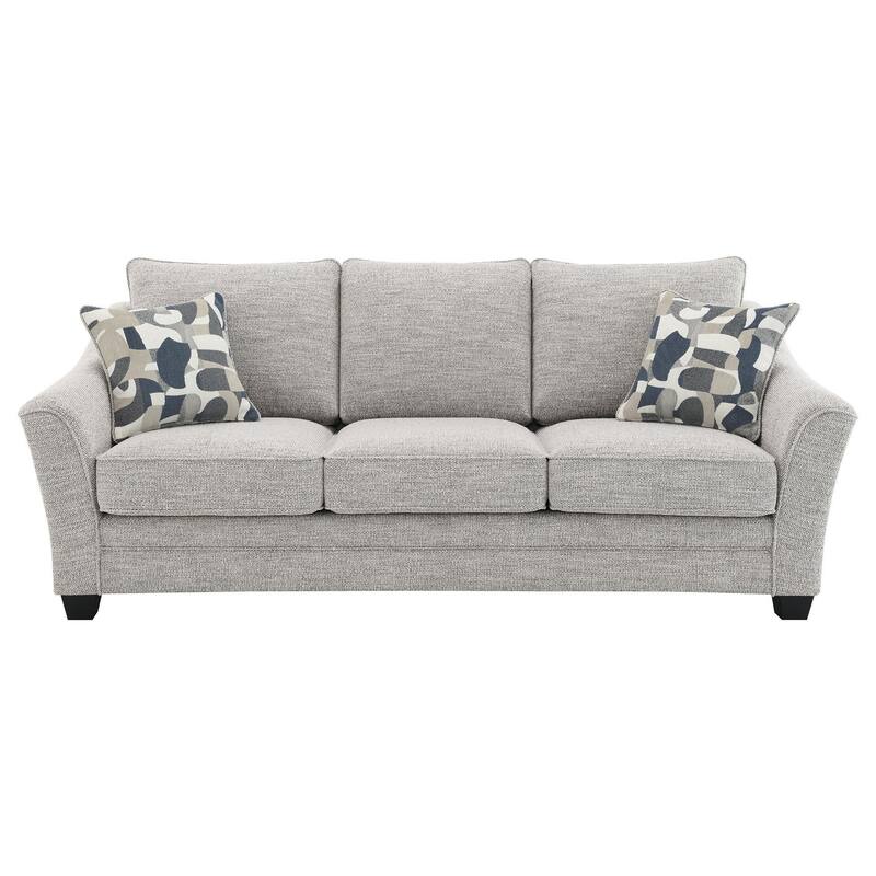 Kito Sofa, 84 Inch Modern Light Gray Fabric, 2 Accent Throw Pillows