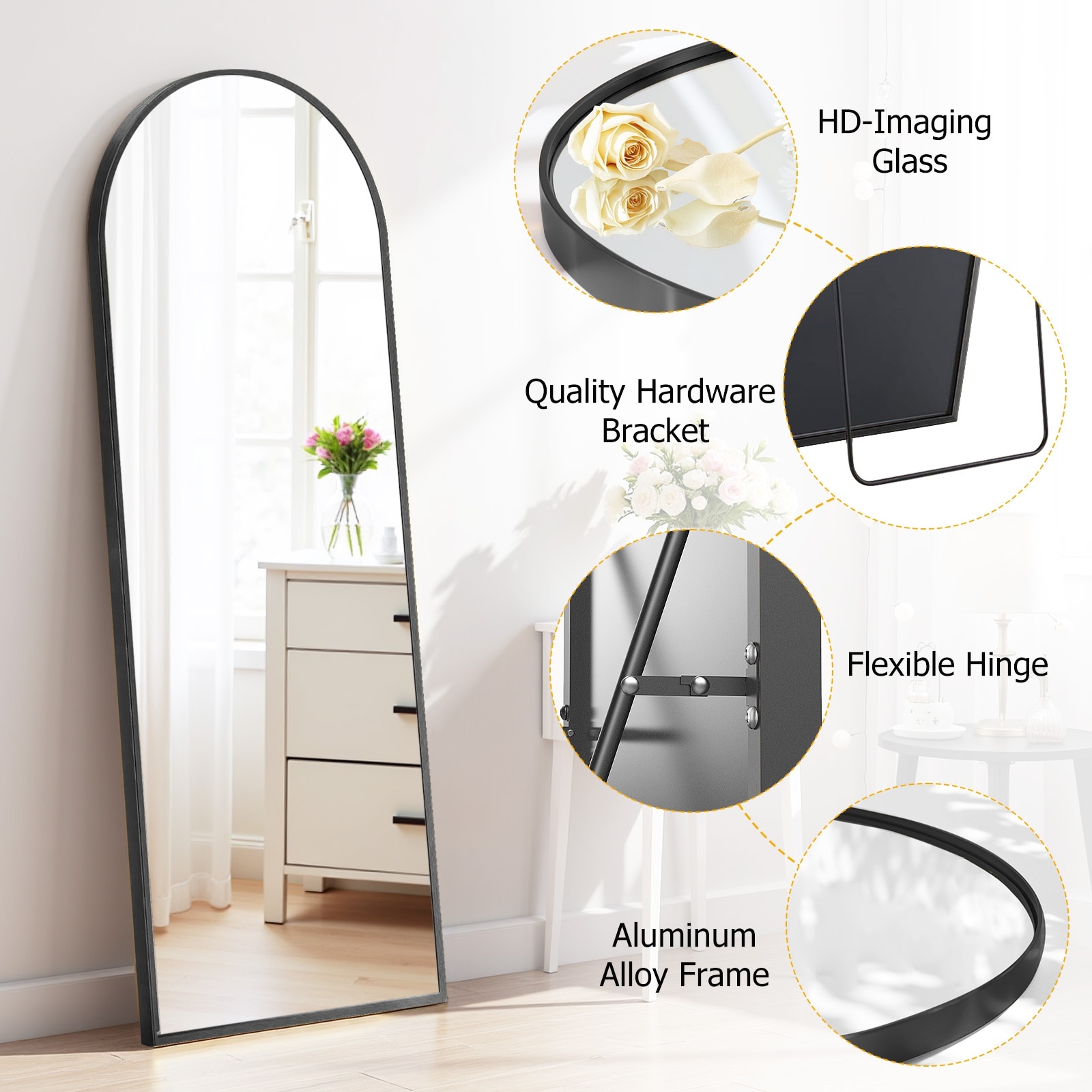 Full Length Mirror with Stand, Floor Mirror with Aluminum Alloy Frame for Bedroom, Standing Full Body Mirror for Wall, Cloakroom