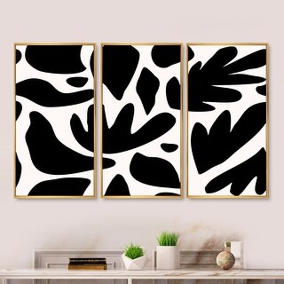 Designart "Black Abstract Leaves IV" Modern Framed Art Set of 3 - 4 ...