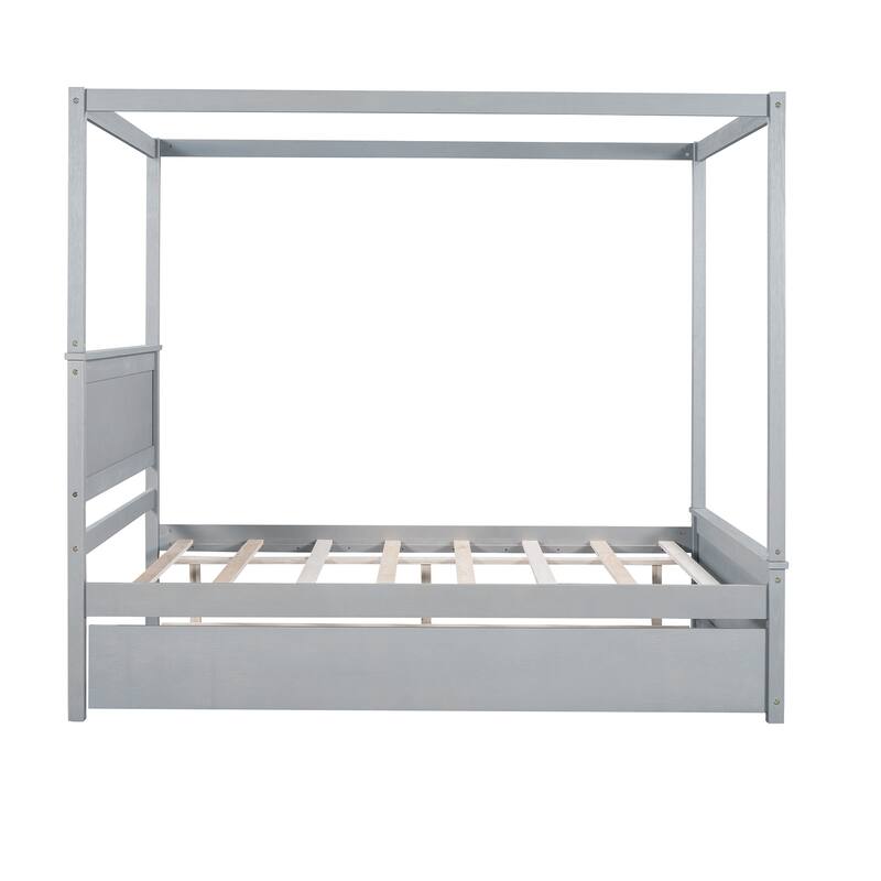 Modern Full Canopy Bed with Trundle, Solid Wood Frame, and Customizable Curtain Rails