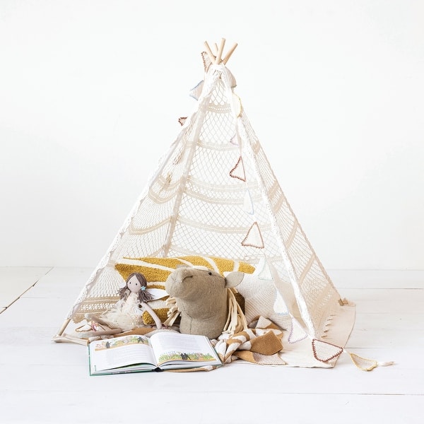 slide 2 of 7, Reclaimed Cotton Crocheted and Teakwood Teepee with Mat - 40.0"L x 40.0"W x 43.5"H 40.0"L x 40.0"W x 43.5"H - Natural