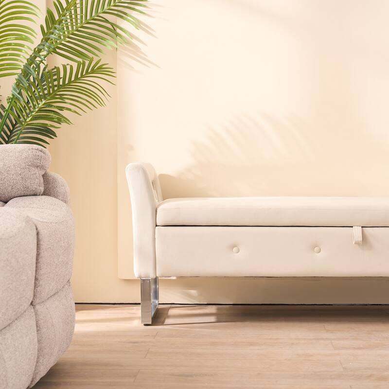 Roomfitters Velvet Storage Bench, Upholstered Entryway and Bedroom Bench with Armrests and Metal Legs