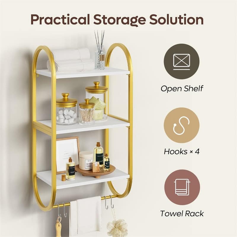 3 Tier Wood Wall Shelves for Bathroom with Golden Metal - 9.5"D x 16"W x 30"H
