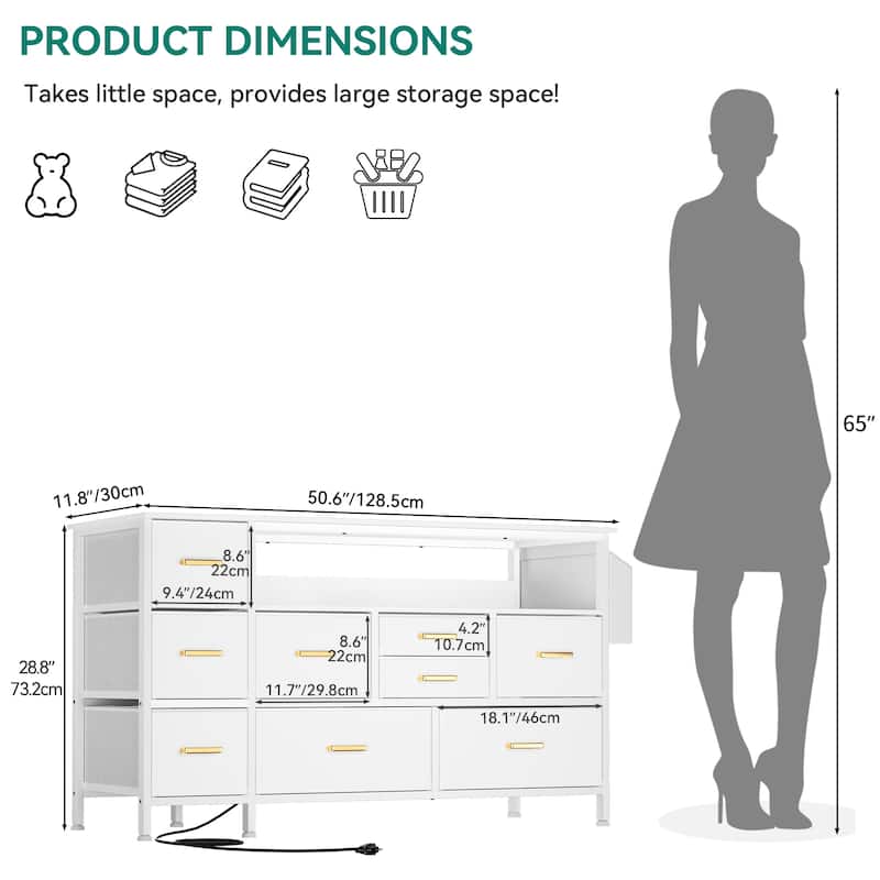Moasis 50"W 9-drawer Fabric Dresser, Media Console, TV Stand with Outlets, RGB Lights
