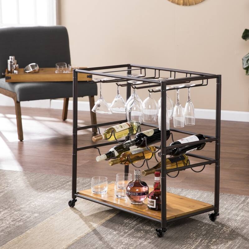 Mobile Kitchen Bar Cart with Solid Wood Surface and Metal Frame Wine Storage and Removable Tray - 32.5"H x 28"W x 16"D