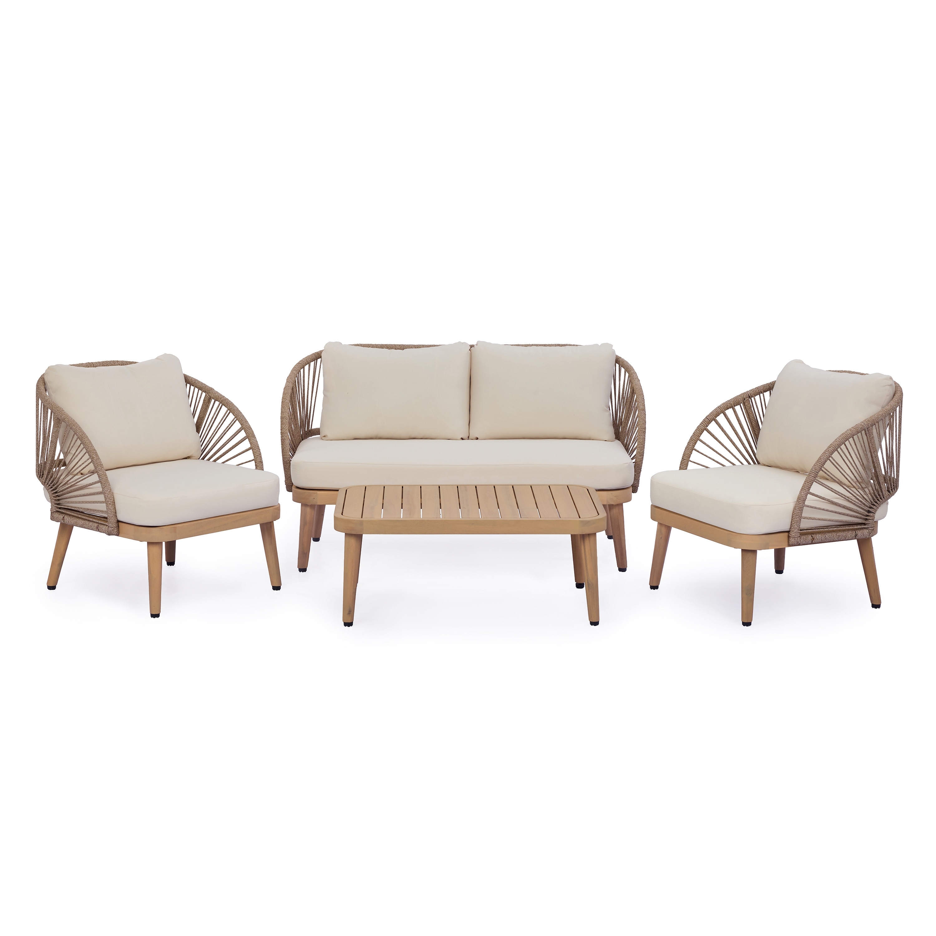Wood Patio Seating Set with Loveseat & Padded Club Chairs, Outdoor Conversation Set with Slatted Coffee Table