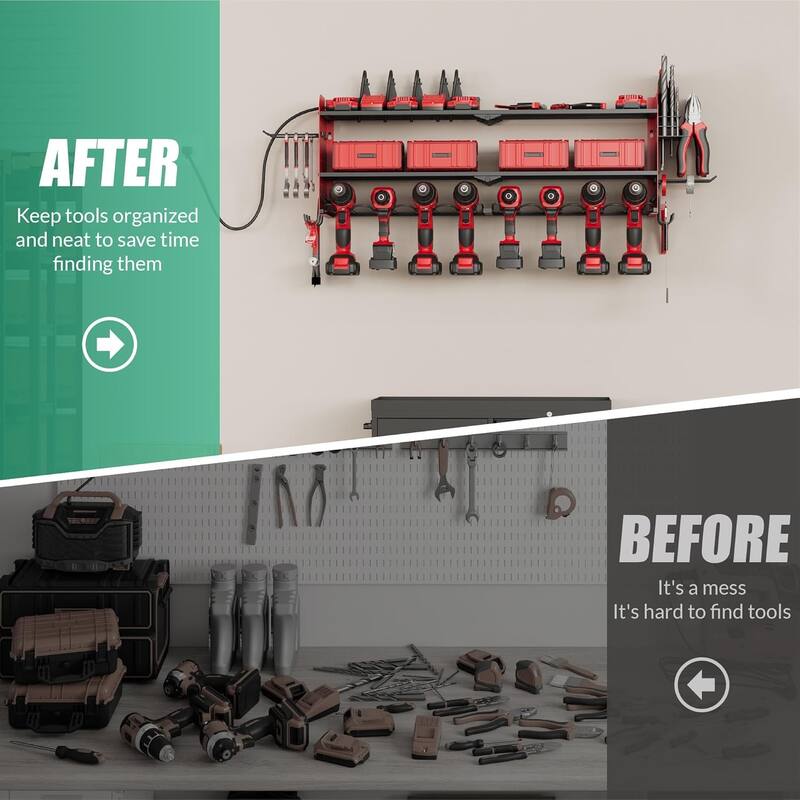 Power Tool Organizer with Charging Station Garage 8 Drill Holders Wall Mount with 8 Outlets Power Strip