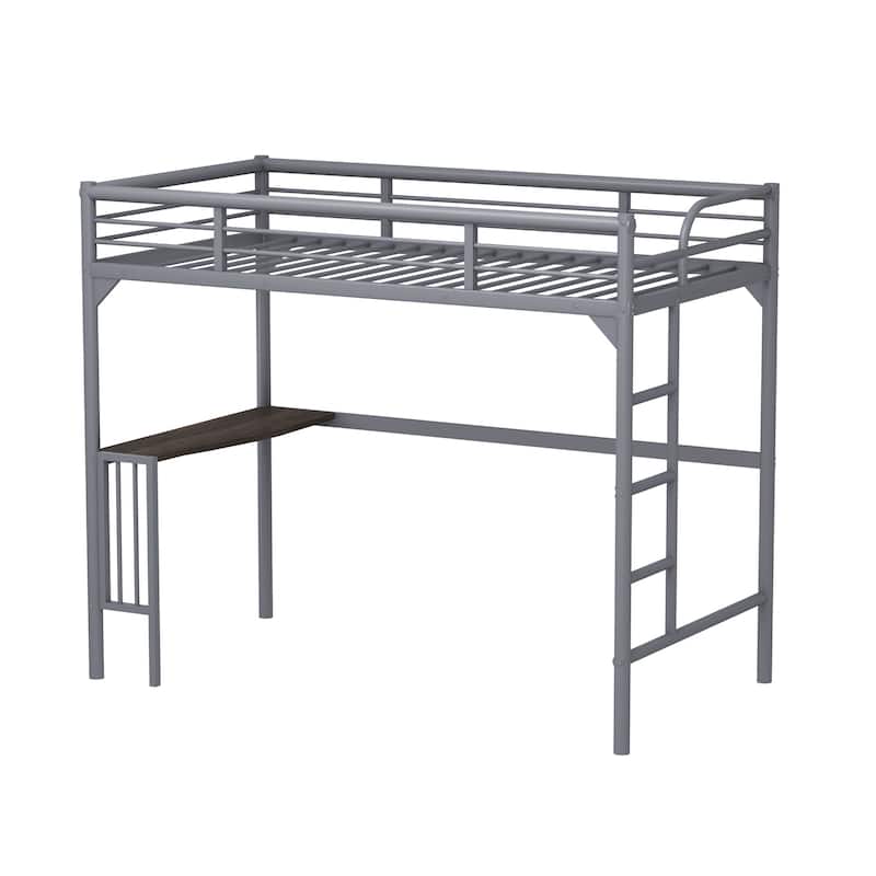 Silver Twin Size Metal loft Bed with Desk, Ladder and Guardrails, Bookdesk under Bed for Bedroom