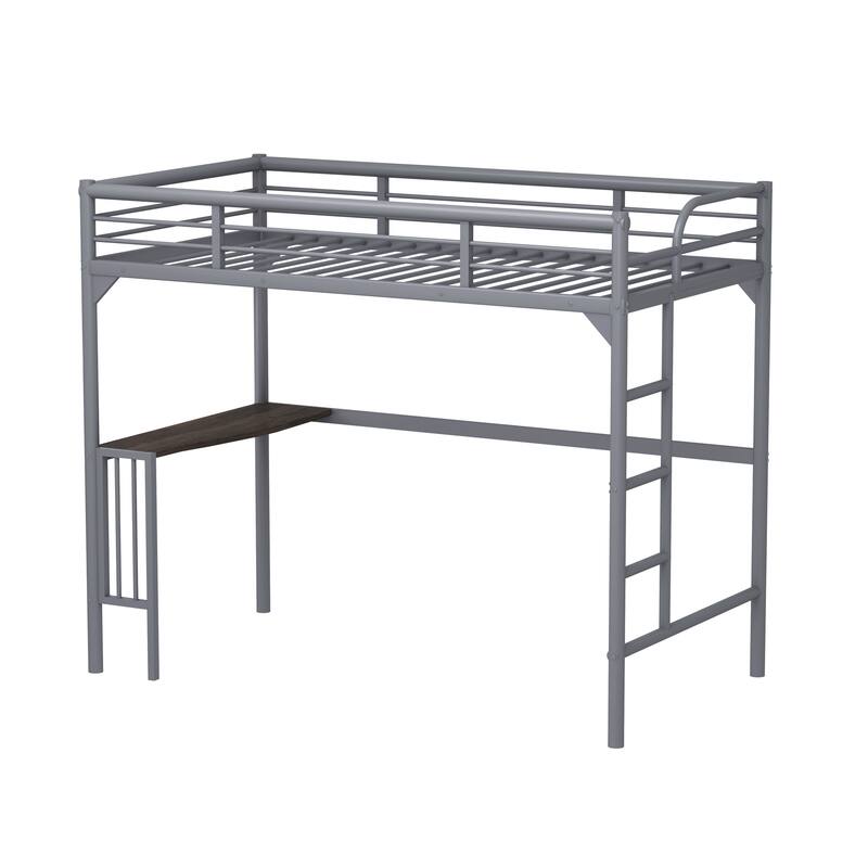 Twin Metal Loft Bed with Desk, Ladder, and Guardrails, Silver