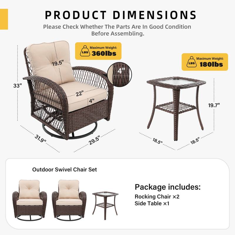UPHA 3-Piece Patio Outdoor Wicker Swivel Rocking Chair Set with Side Table and Cushions