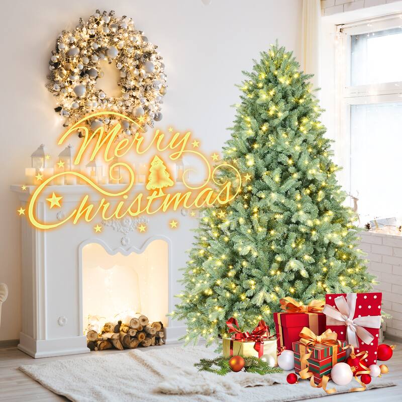 7FT Blue-Green Tint Pre-Lit Christmas Tree with 700 Warm White LED Lights-2518 PE+PVC Tips,Hinged Branches,Metal Stand