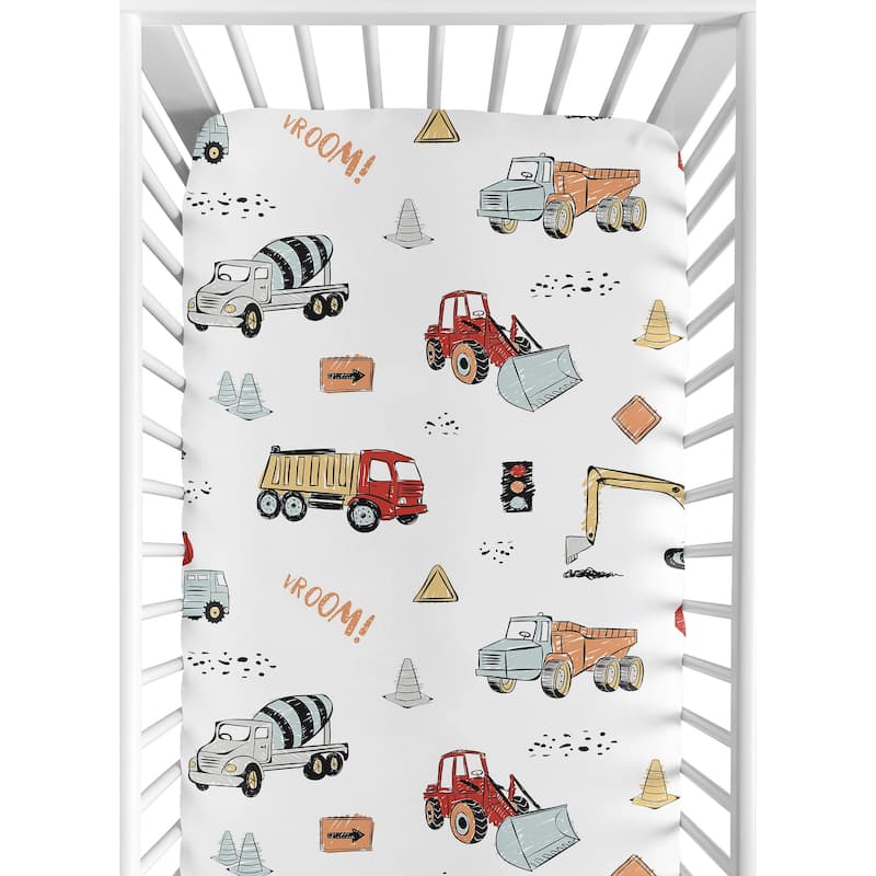 Sweet Jojo Designs Construction Truck Collection Boy Fitted Crib Sheet - Grey Yellow Orange Red and Blue Transportation