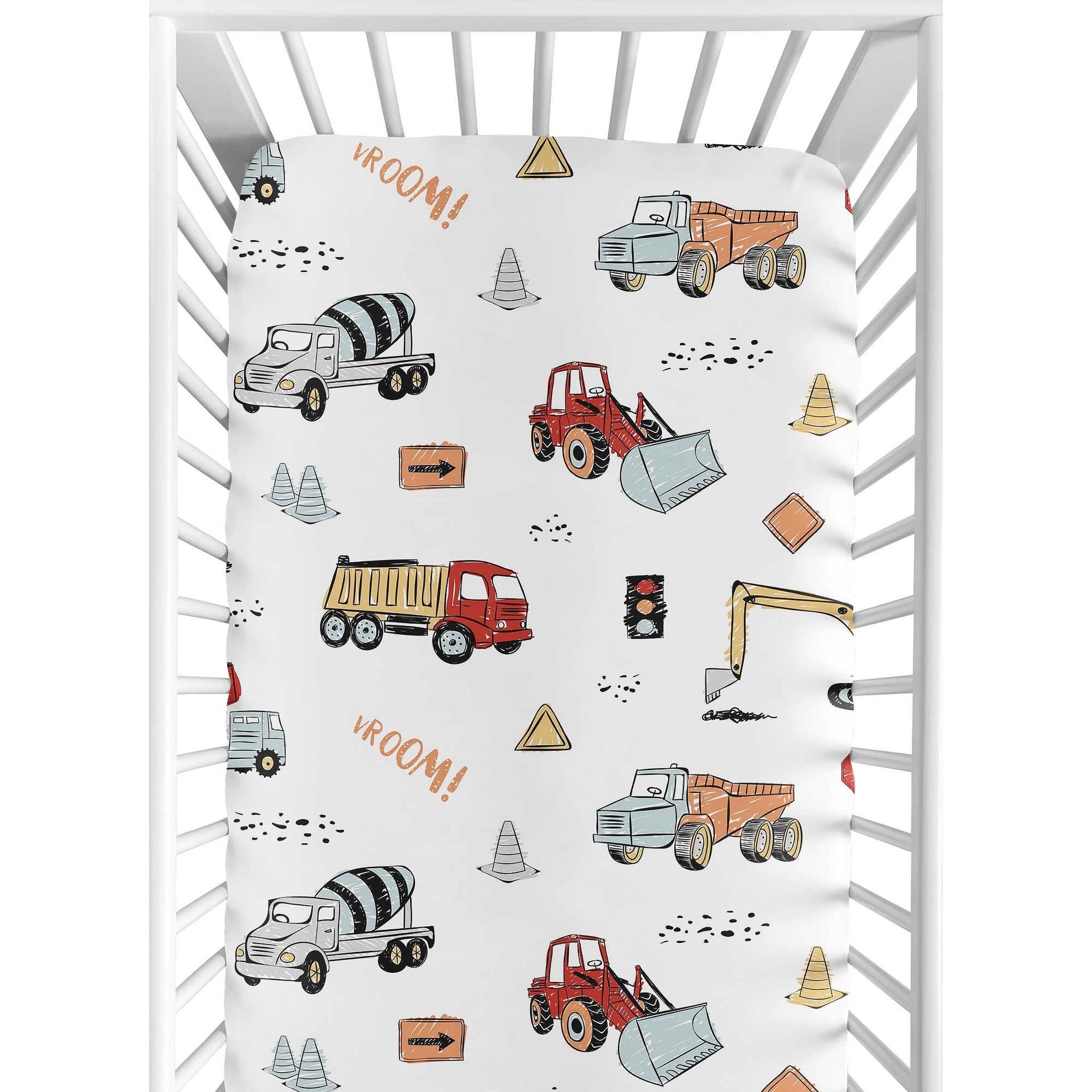 Sweet Jojo Designs Construction Truck Collection Boy Fitted Crib Sheet - Grey Yellow Orange Red and Blue Transportation